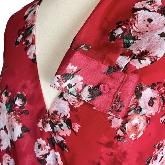 KUT From The Kloth Shirt Top L Roll Tab Sheer Colorful Floral Red Faux Wrap - Picture 4 of 8